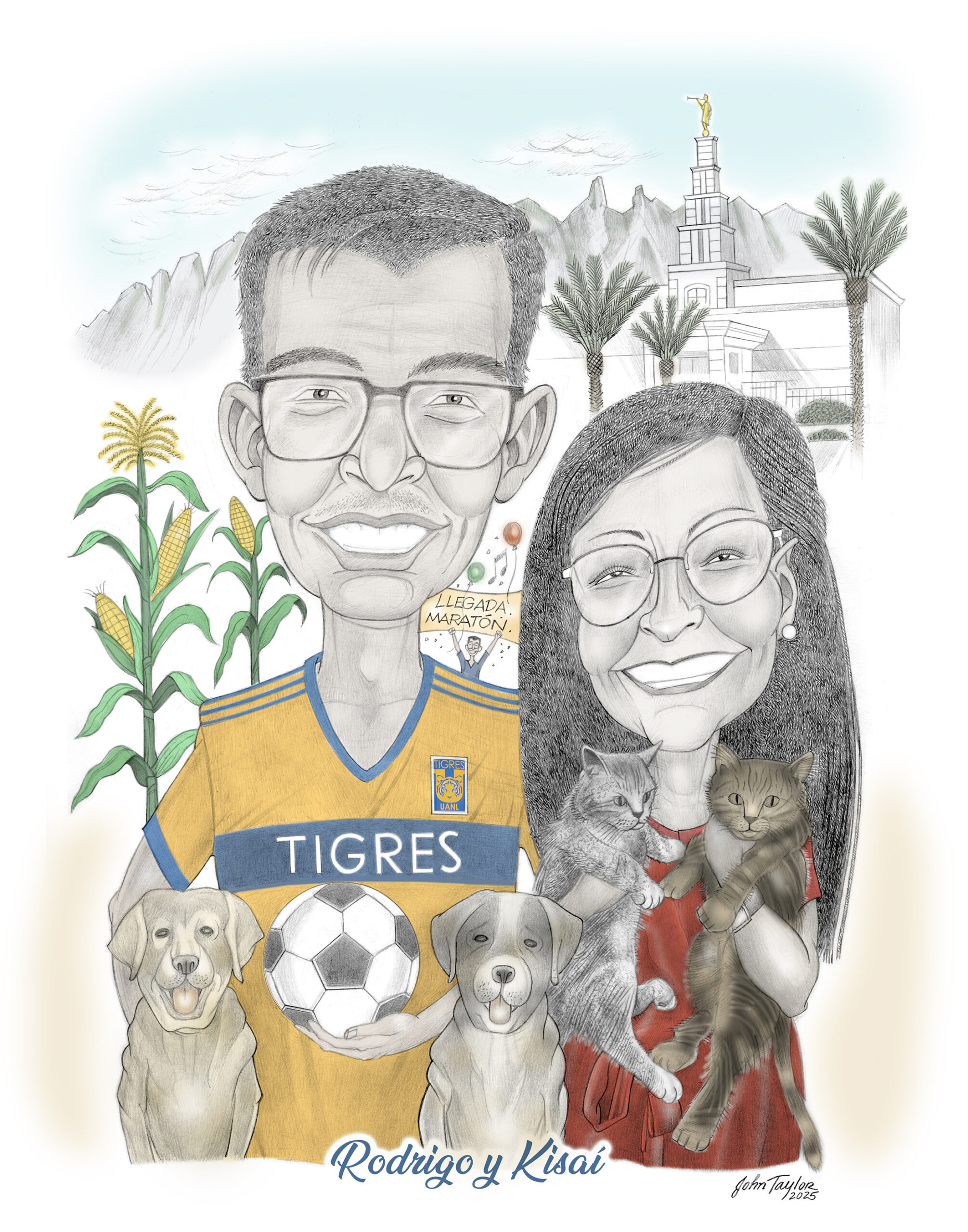 Rodrigo and Kisai in Mexico 11×14 COLOR Rodrigo and KisaĆ Caricature Portrait - Mexico