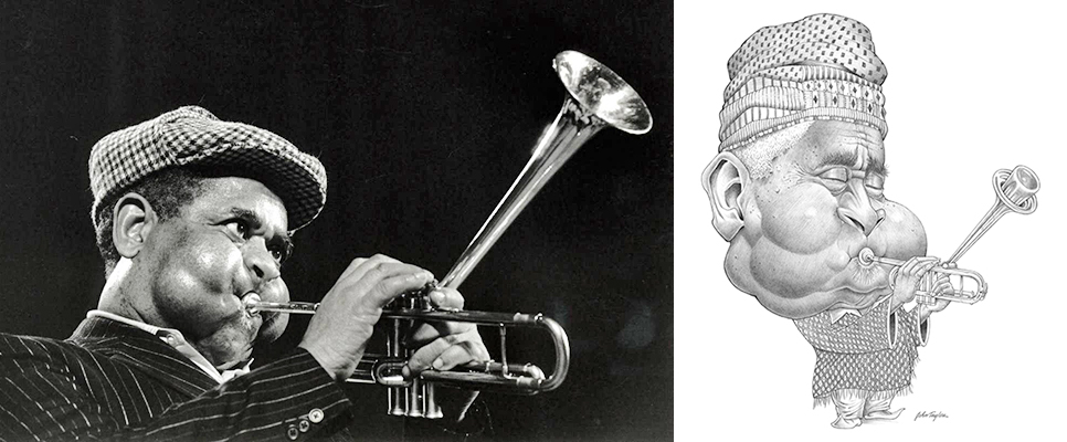 Photo of Dizzy Gillespie and caricature of Dizzy Gillespie