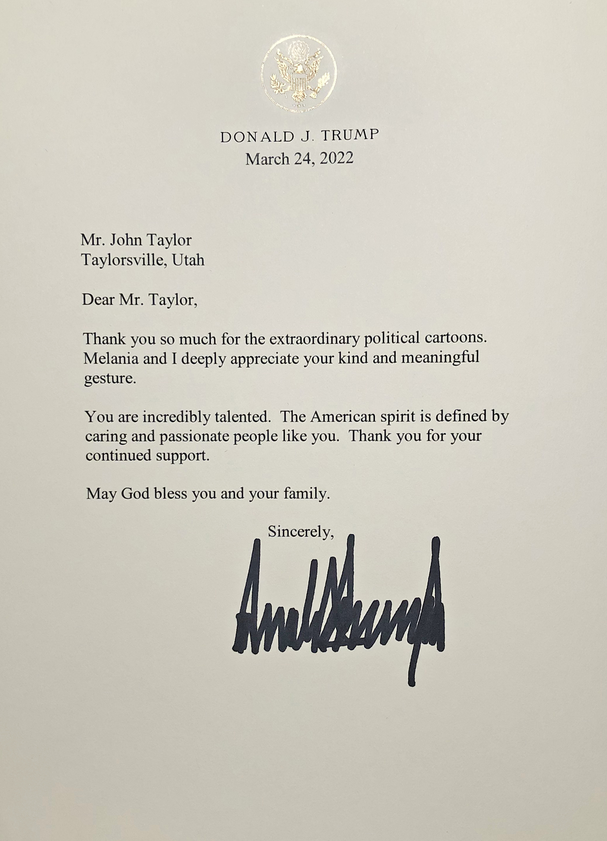 Donald Trump letter endorsing John Taylor political cartoons - March 2022