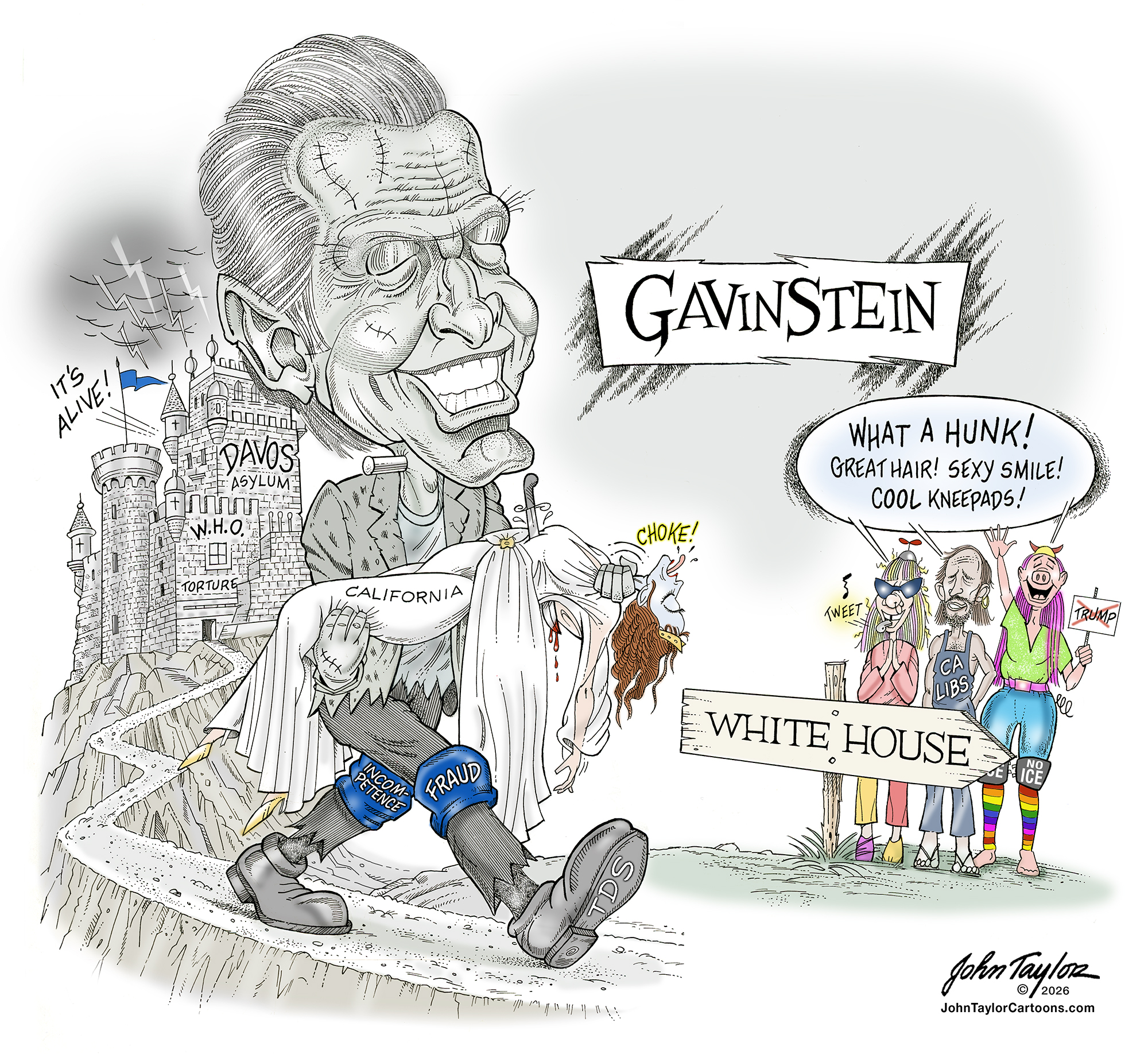 California Gov. Gavin Newsom terrorizing and killing California. Cartoon by John Taylor. California Gov. Gavin Newsom terrorizing and killing California. Cartoon by John Taylor.